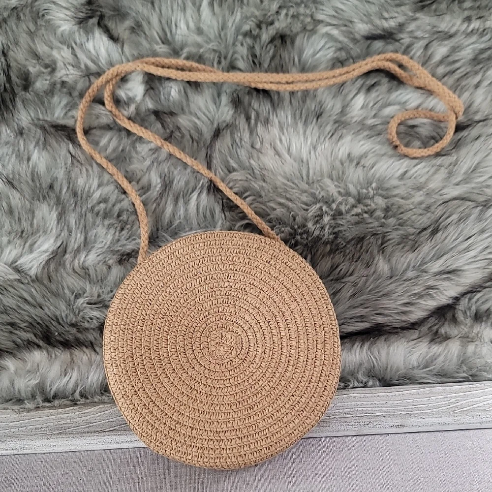 Elegant Khaki Rattan Round Crossbody Bag
